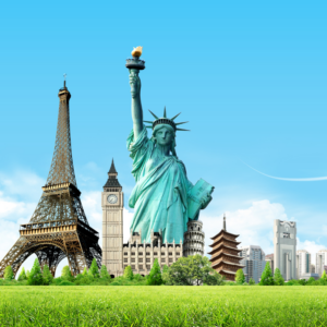 Famous landmarks collage: Eiffel Tower, Big Ben, Statue of Liberty, and more, against a vibrant blue sky and green grass.