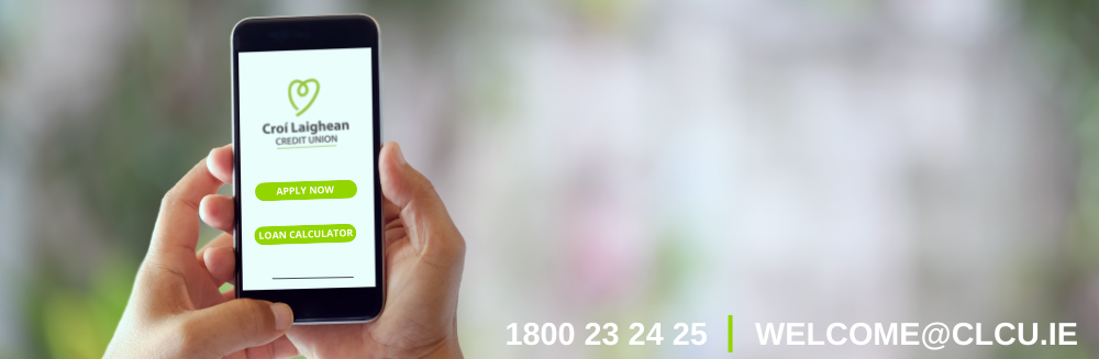 Person using Croí Laighean Credit Union app on smartphone, options to apply for a loan or use the calculator.