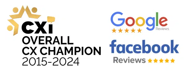CXi Champion 2015-2024 badge with 5-star ratings on Google and Facebook Reviews, highlighting exceptional customer experience.