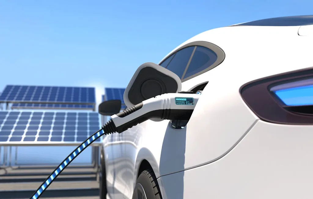 Electric car charging with solar panels in background, showcasing renewable energy and sustainable transportation.