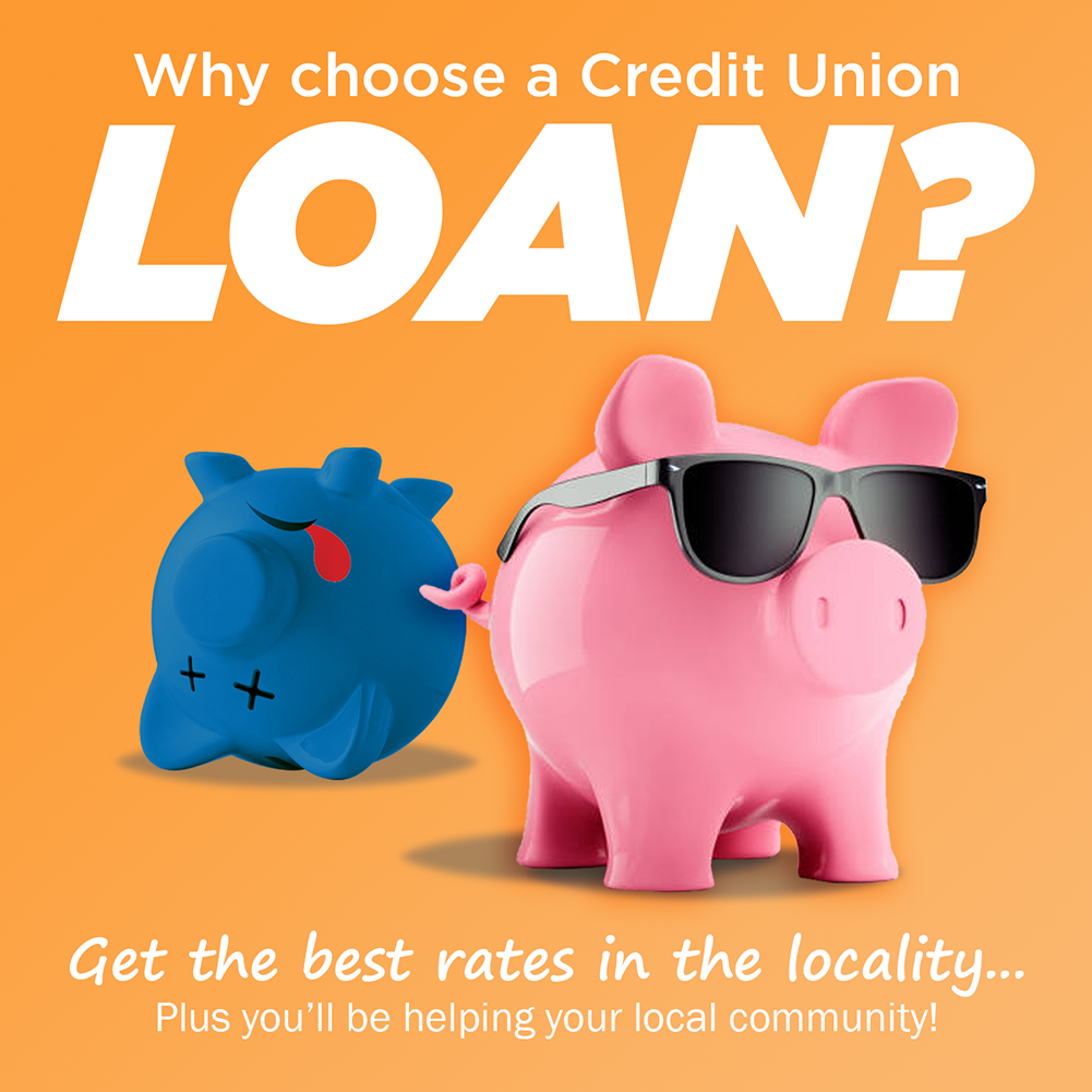 Piggy banks highlighting benefits of credit union loans with best local rates, supporting community.