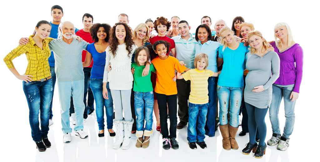 Diverse group of smiling people standing together, showcasing unity and community spirit.