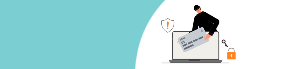 Illustration of a thief stealing credit card info from a laptop, highlighting online security threats.