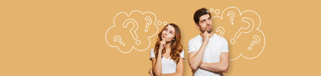 Two people pondering with question marks, orange background. Concept of curiosity and seeking answers.
