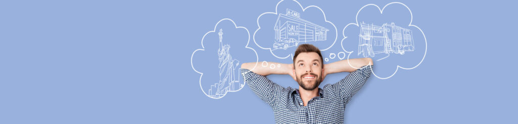 Man dreaming of New York, cars, and construction projects with thought bubbles on a blue background.