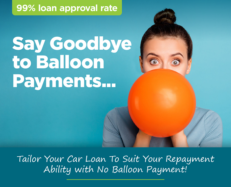 Woman holding orange balloon with text: Say goodbye to balloon payments. Tailor car loans with no balloon payment.