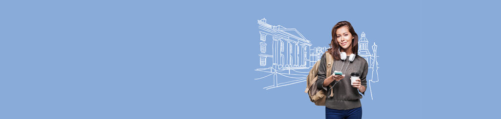 Young woman with backpack and headphones smiles, holding a smartphone and coffee, with city sketch in the background.