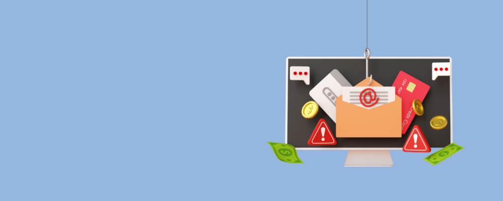 Email phishing concept with credit card and alert on hook over monitor, illustrating online security threats.
