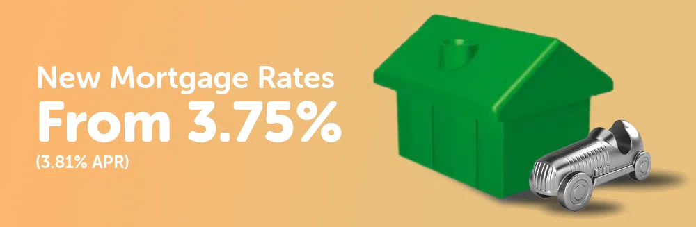 New mortgage rates from 3.75% with green house and silver car on orange background.