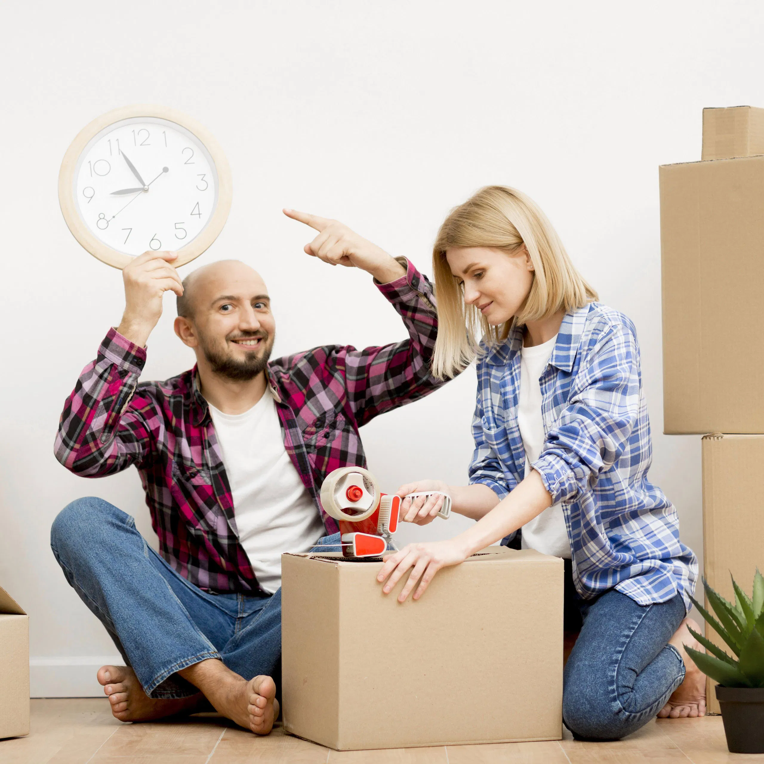 Couple packing boxes for moving; man holds clock, woman tapes a box.