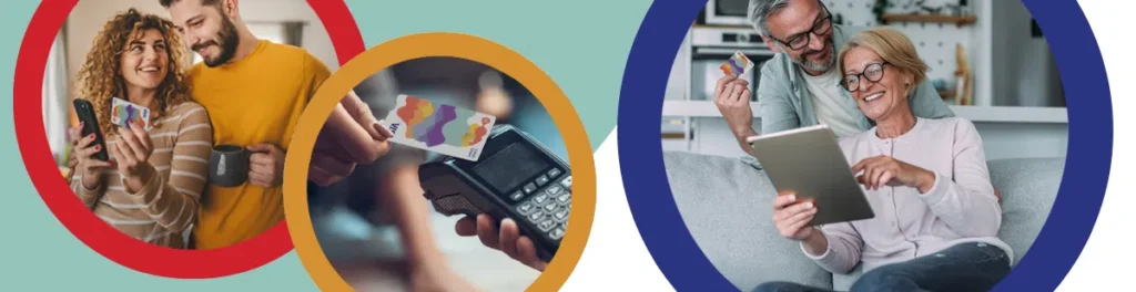 Couples using digital devices and cards for online shopping and payments, highlighting convenient modern technology.