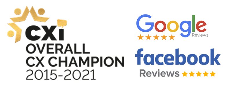 CXI Overall CX Champion logo 2015-2021 with Google and Facebook five-star reviews.