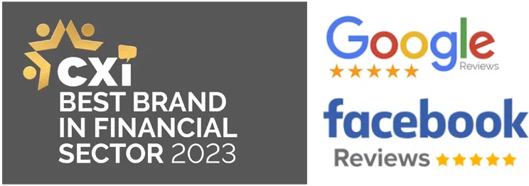 CXI Best Brand in Financial Sector 2023 award with Google and Facebook reviews.