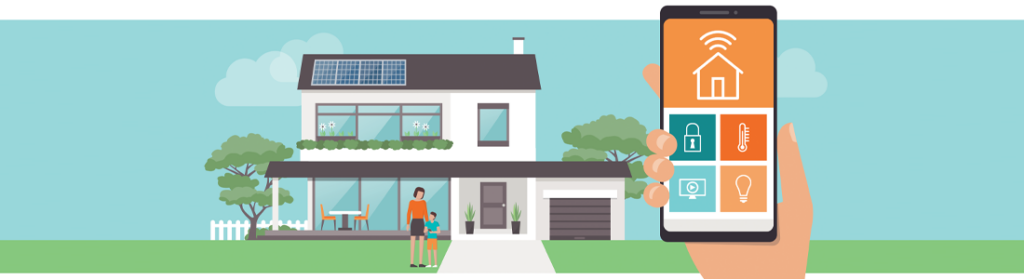 Smart home illustration with solar panels and app for security, lighting, temperature control.