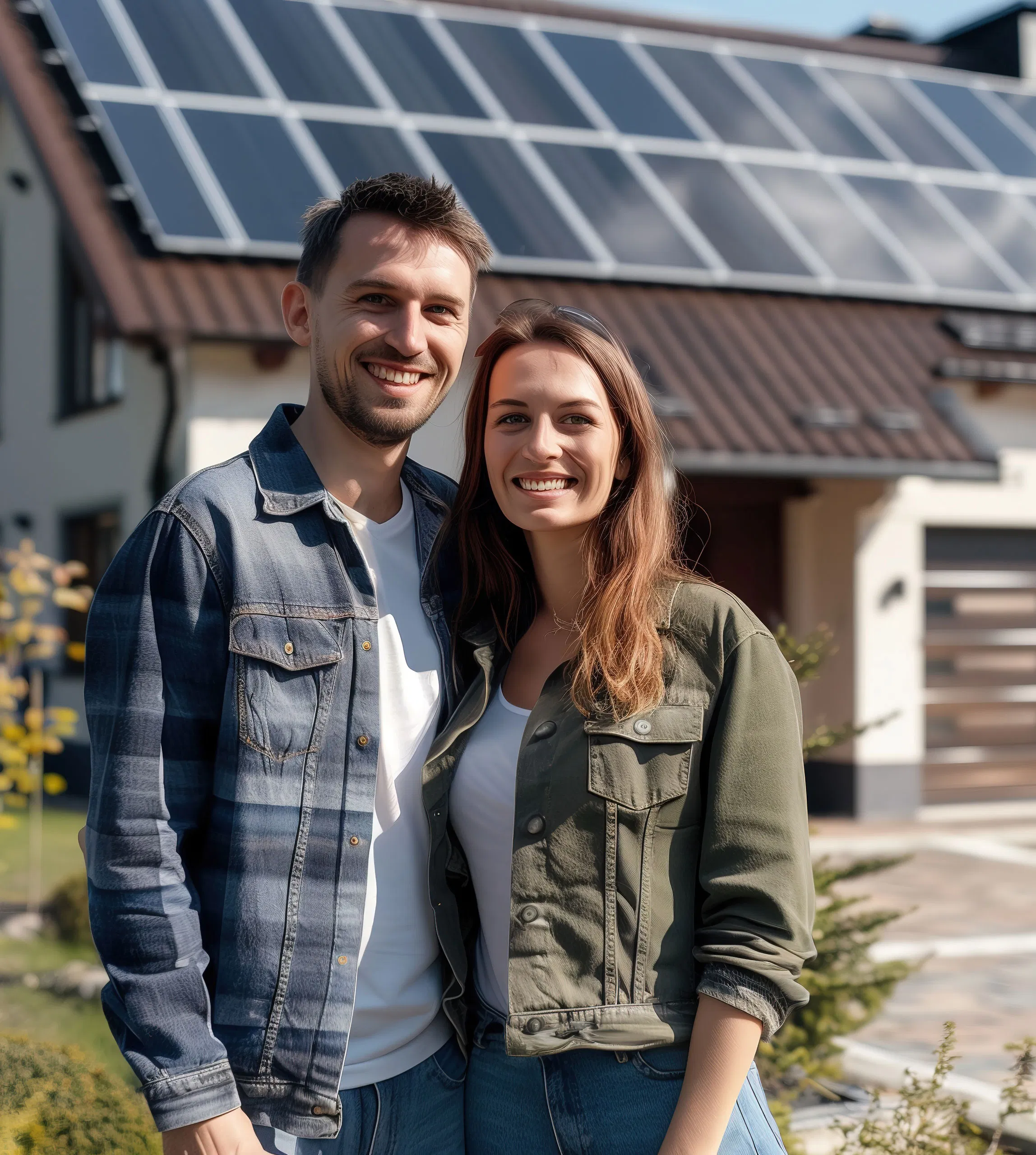 Happy couple in front of house with solar panels, promoting sustainable living and renewable energy solutions.