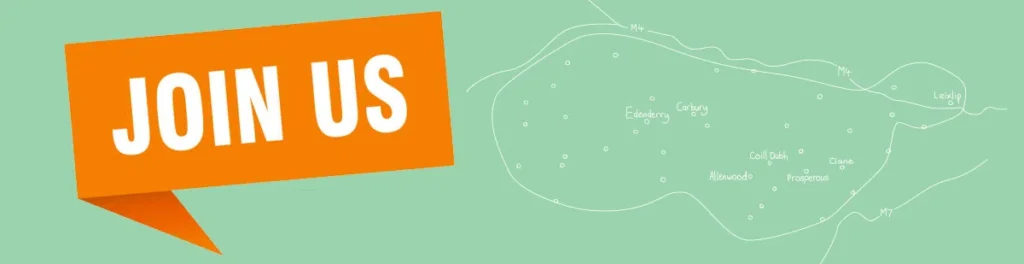 Orange Join Us speech bubble on a green background with a simple map showing towns like Edenderry and Clane.