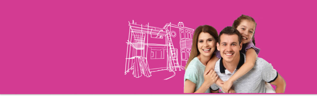 Happy family in front of a house blueprint on a pink background, symbolizing home renovation and dreams.