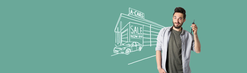 Man holding car key in front of sketched car dealership, advertising sale event on green background.