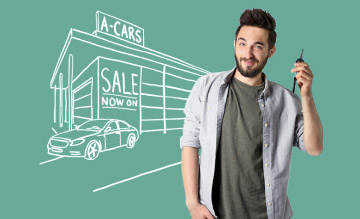 Man holding car keys in front of illustrated car dealership with Sale Now On sign.