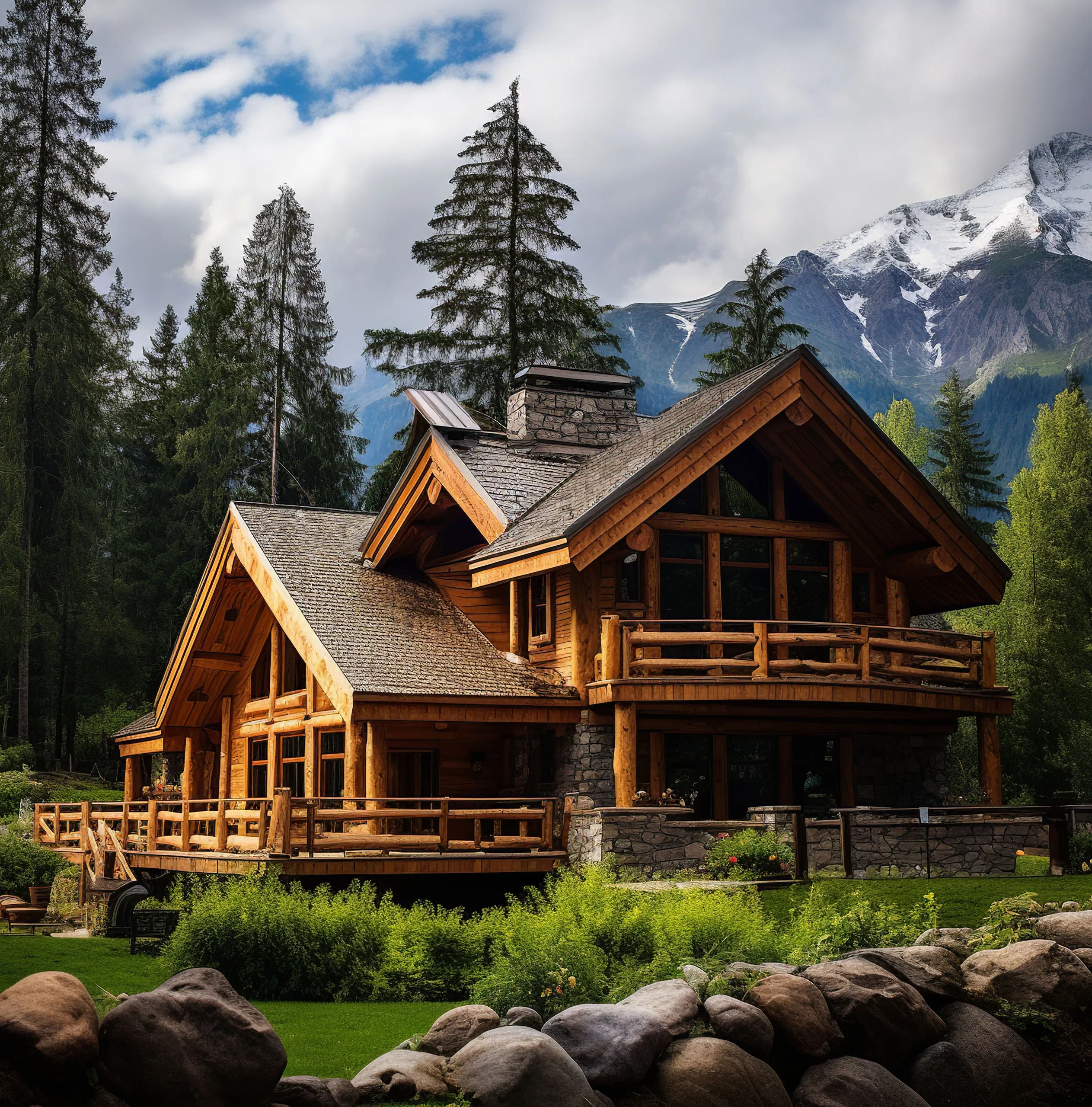 Rustic wooden cabin in a forested mountain setting, under a partly cloudy sky. Scenic and serene getaway.