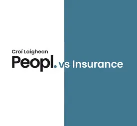 Croi Laighean logo with text Peopl. vs Insurance on a split white and blue background.