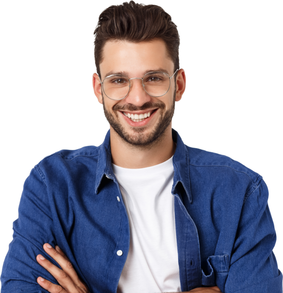 Smiling man in glasses and blue shirt, arms crossed, isolated on white background. Casual, confident and approachable.
