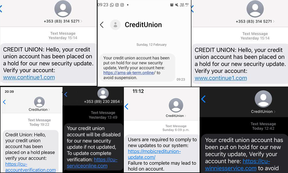 Phishing scam texts impersonating a credit union, urging account verification via suspicious links.