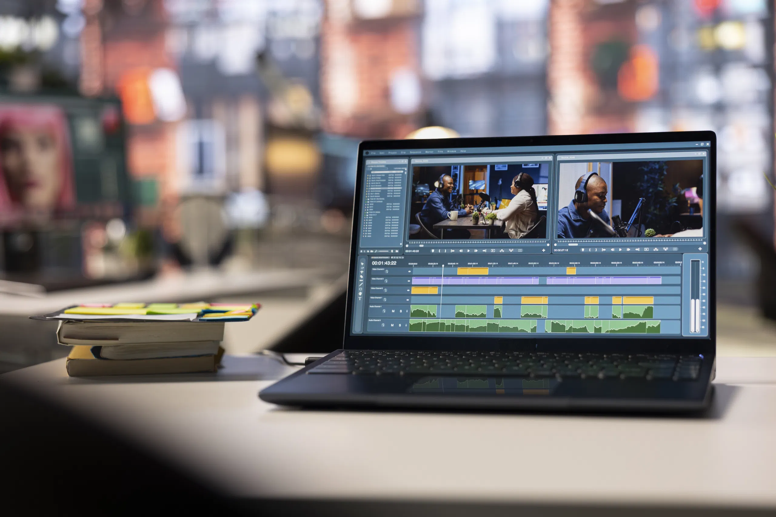 Laptop displaying video editing software on desk with books and blurred office background.