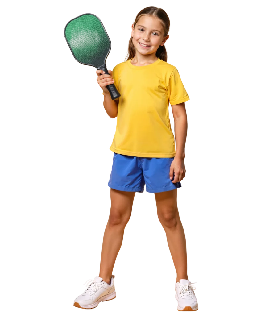 Young girl in sportswear holding a pickleball paddle, ready to play, isolated on white background.