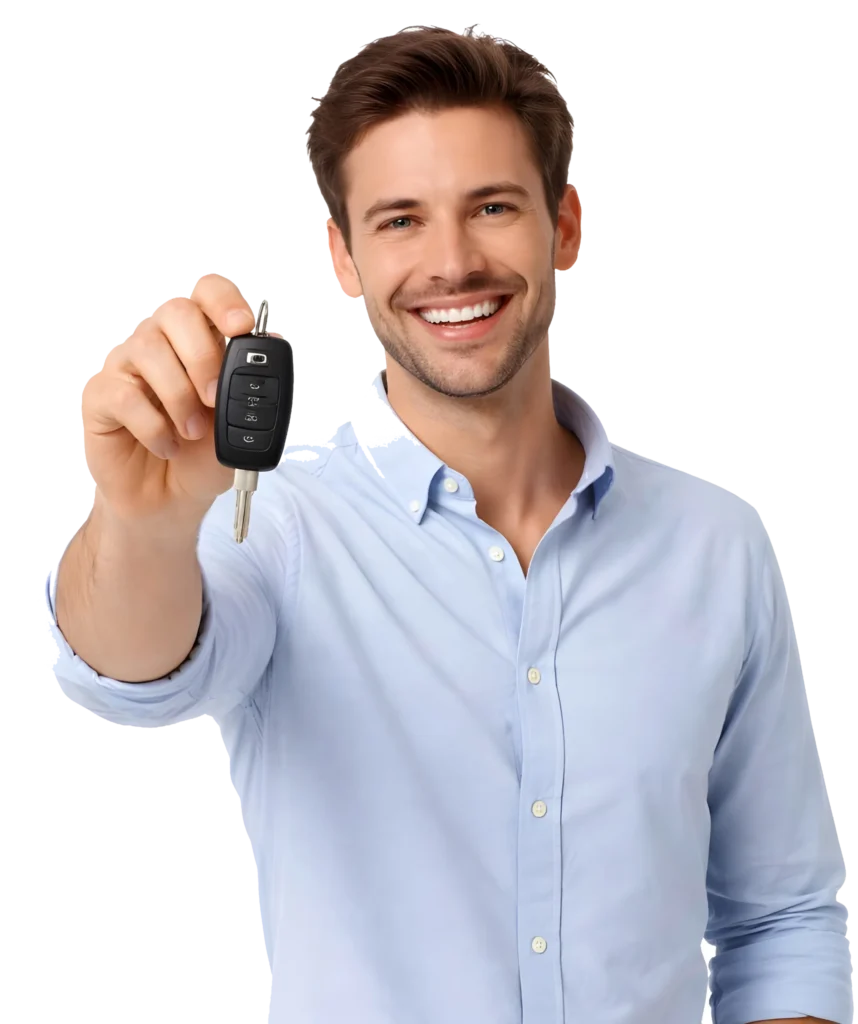 Man in blue shirt smiling and holding car key forward, emphasizing ease of car leasing or rental service.