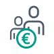 Icon representing financial transactions or budgeting with people silhouettes and a Euro symbol.