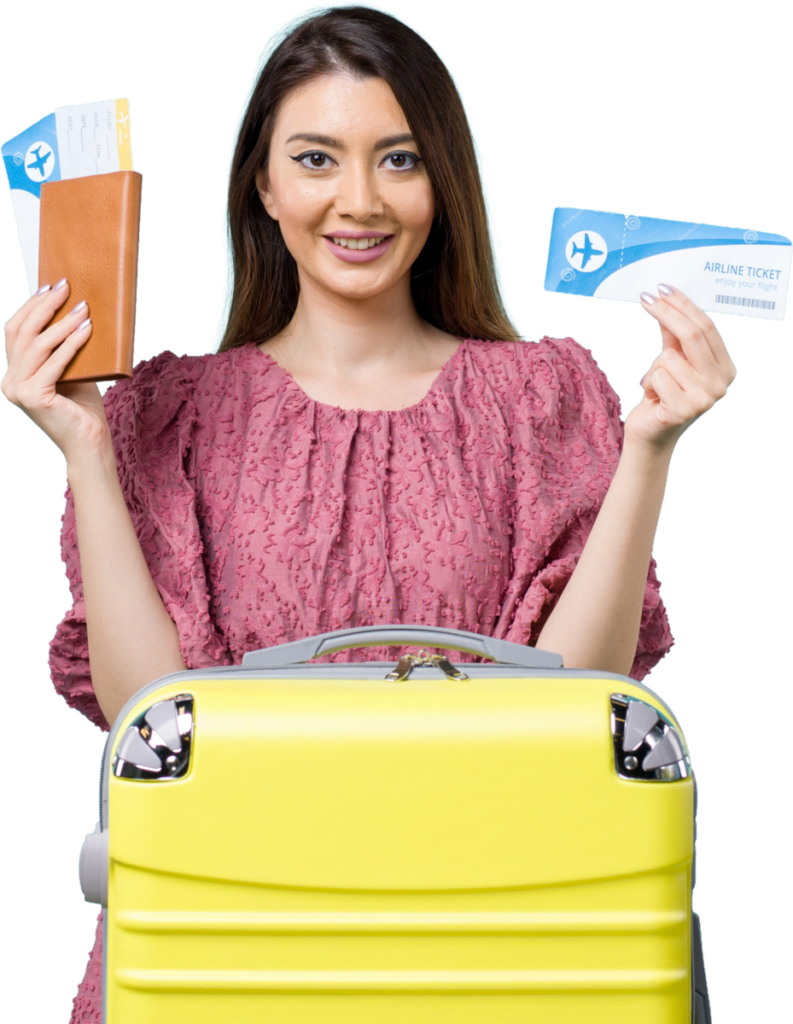 Smiling woman with airline ticket, passport, and yellow suitcase ready for travel adventure.