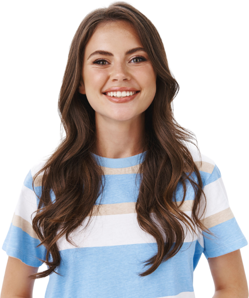 Smiling woman in a striped blue and white t-shirt with long brown hair, framed against a white background.