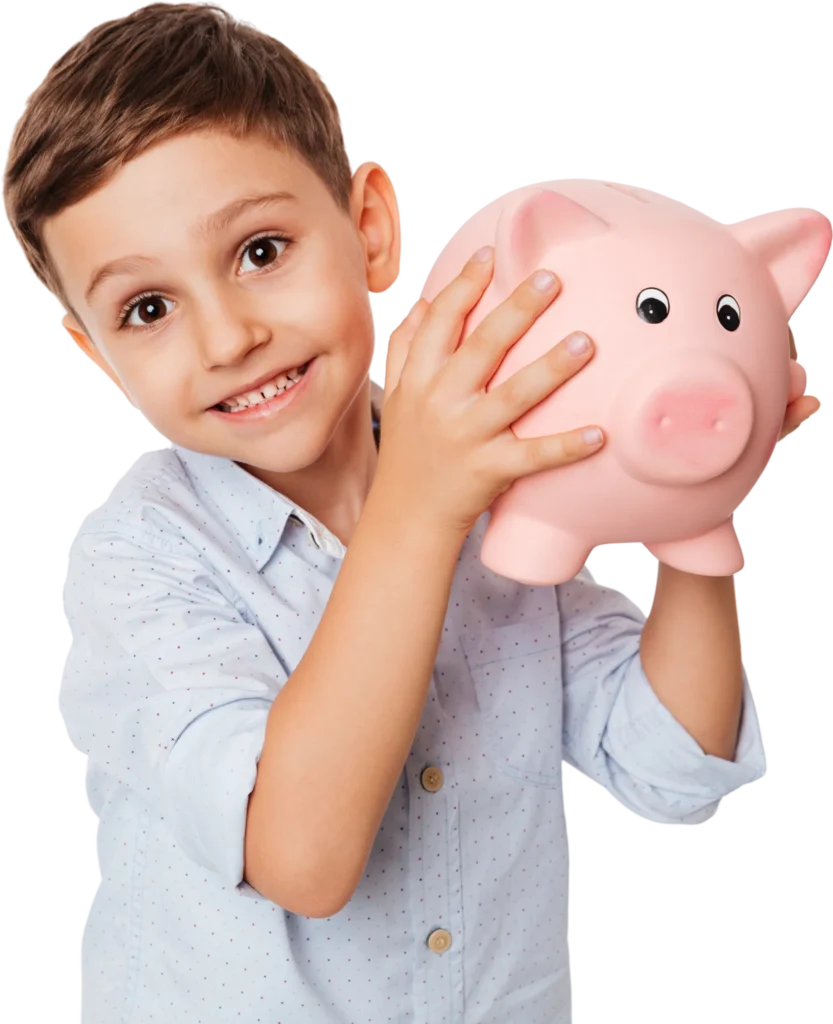 Smiling child holding a pink piggy bank, symbolizing saving money and financial education for kids.