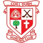 Coill Dubh Hurling Club crest featuring hurling sticks, tree, cross, and Celtic knot in a red and white shield design.