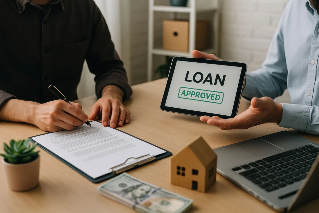 Man signing loan contract while another shows an Approved sign on tablet, with money and house model on table.