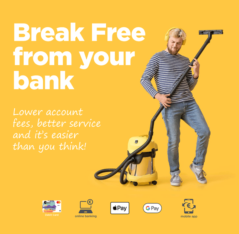 Man with vacuum mimicking guitar on yellow background, promoting bank services with text Break Free from your bank.