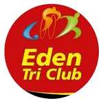 Eden Tri Club logo featuring bold colors and abstract athlete symbols on a red circular background.