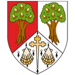 Coat of arms with two trees, a cross, and scallop shells on red and white background.