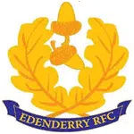 Edenderry RFC logo featuring yellow oak leaves and acorns, with a blue ribbon displaying the club name at the bottom.