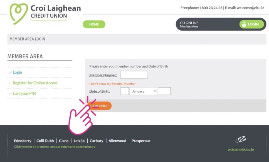 Croí Laighean Credit Union login page with “Continue” button highlighted for member area access.