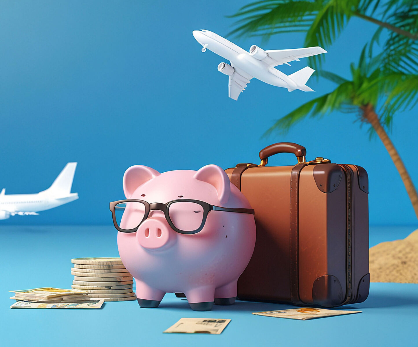 Piggy bank with glasses beside suitcase, palm tree, and airplane. Concept of saving money for travel and vacation.