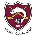 Leixlip G.A.A. Club logo featuring a fish, hurling sticks, and a ball on a maroon shield with 1887 and club name.