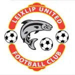 Logo of Leixlip United Football Club featuring a salmon and three soccer balls within a red and white circular design.