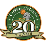 Liffey Celtics 20th Anniversary logo featuring a basketball theme, celebrating two decades of sports excellence.