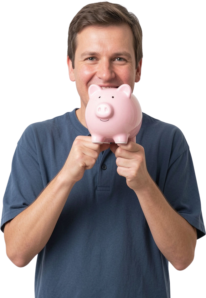 Man smiling and holding piggy bank, symbolizing savings and financial planning.