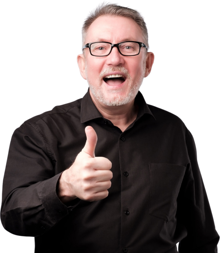 Elderly man in black shirt giving a thumbs up with a big smile, isolated on white background.