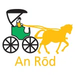 Illustration of a horse-drawn carriage with the text An Ród underneath in vibrant colors, emphasizing motion and tradition.