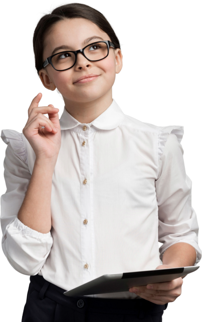 Young girl in glasses with a tablet, thinking and smiling, in a white blouse.