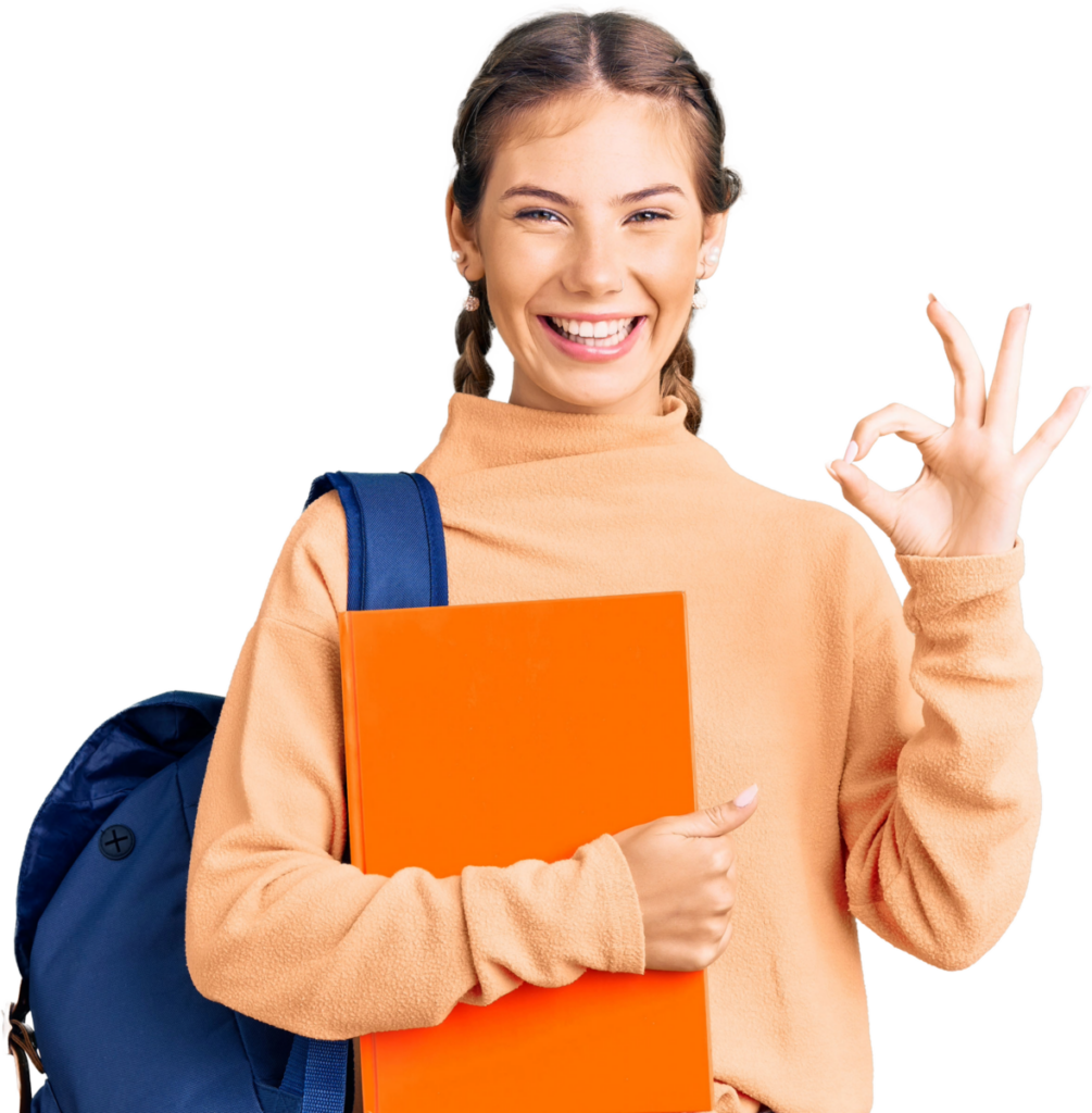 Smiling student with backpack and orange folder makes an OK hand gesture, promoting confidence and positivity in learning.